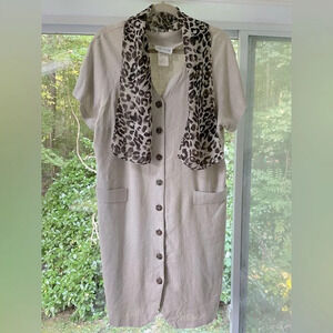 Lady Dorby 16W tan linen dress w/animal print attached scarf. Full button front